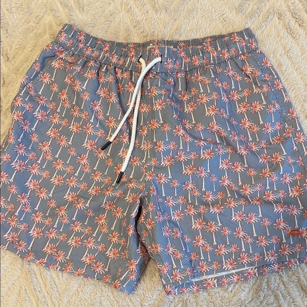 Men's Gray-Blue Palm Print Swim Trunks with Drawstring